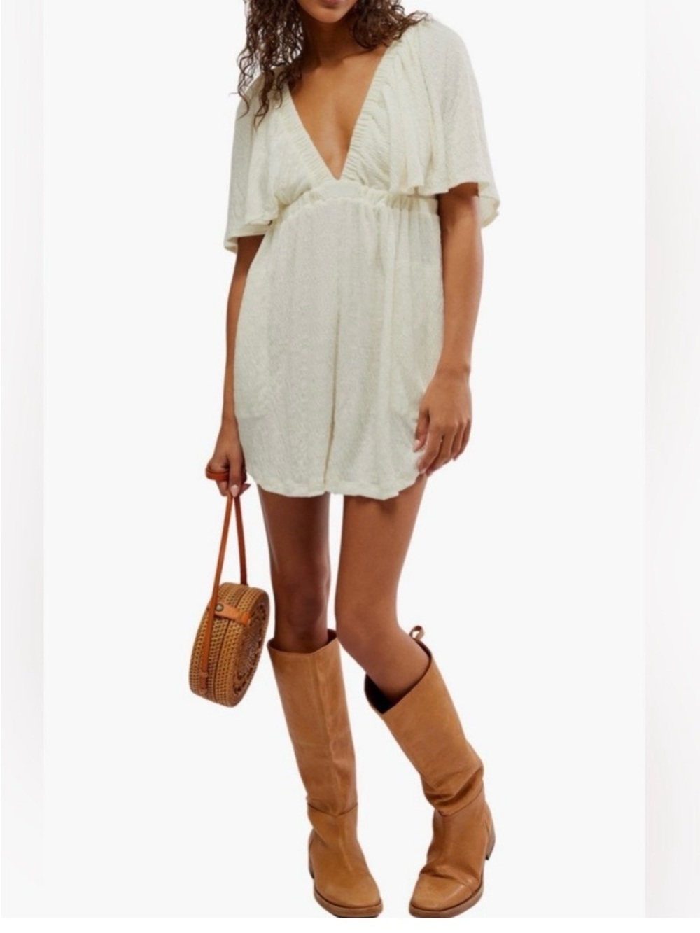 Free People Beach La La Flutter Sleeve V-Neck Cream Romper